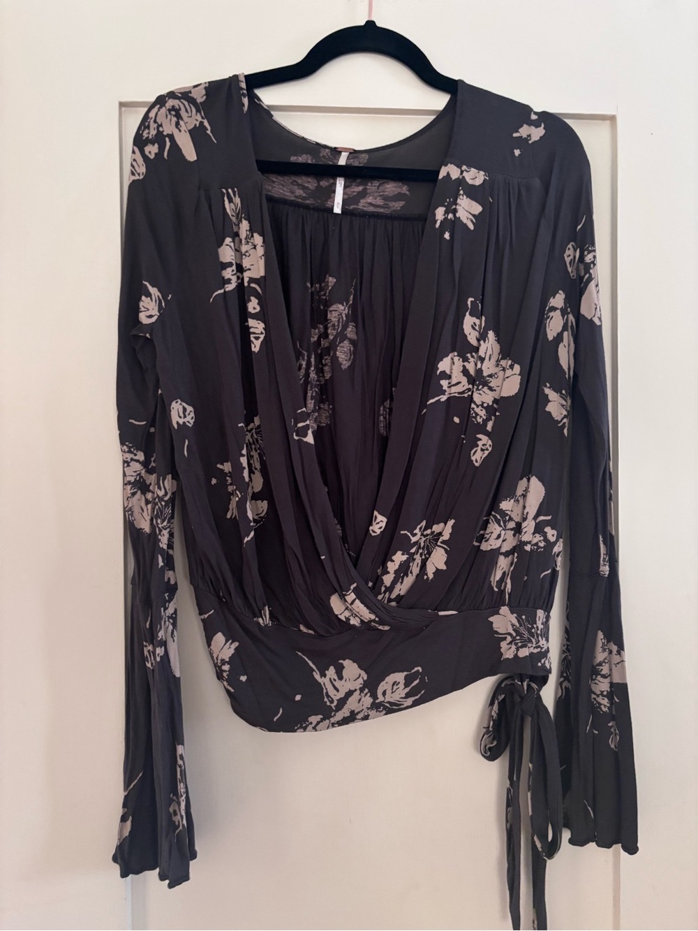 Free People Black Wrap Blouse with Cream Floral Print